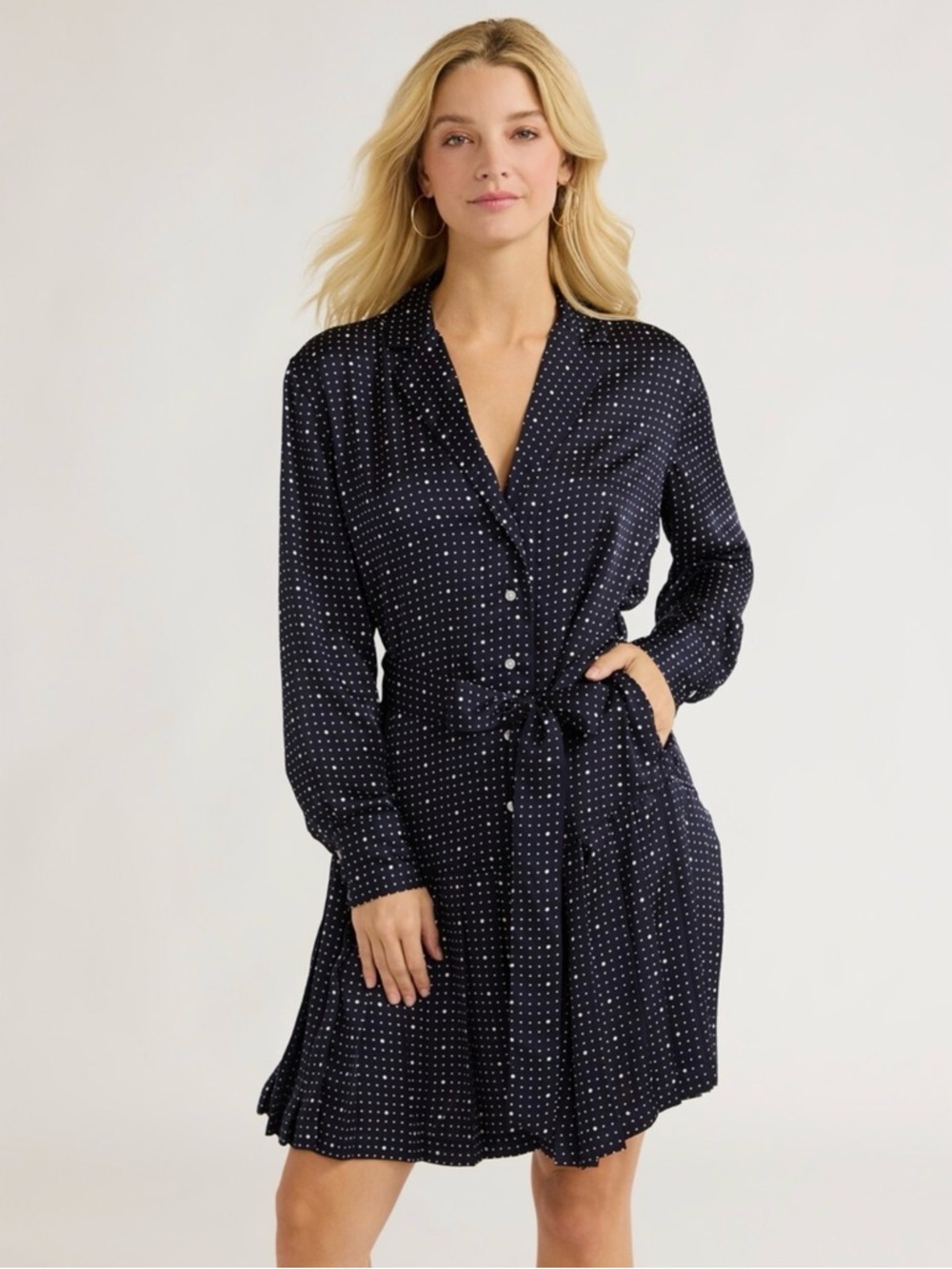 Navy Polka Dot Long-Sleeve Shirt Dress with Tie Waist